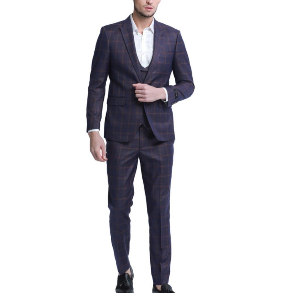 Burgundy Plaid Peak Lapel Double Breasted Vest Skinny Fit Men's Suit